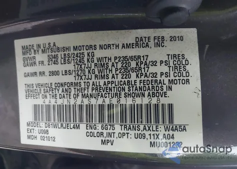 2010 Mitsubishi Endeavor Ls z USA, uszkodzony, nr VIN 4A4JN2AS7AE016128